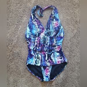 Magicsuit boa claudia plunging halter one piece swim suit blue pink 10